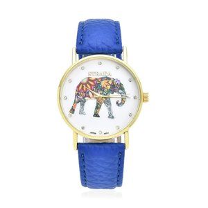 New In Box STRADA Austrian Crystal Elephant Watch with Blue Faux Leather Strap